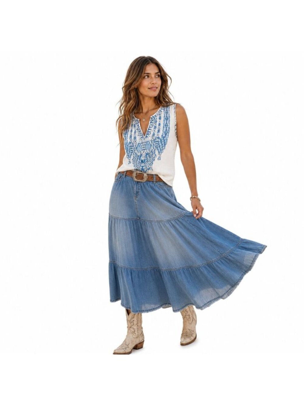 Lucky Brand Chambray Blue Embroidered Tencel Sleeveless Top S Cowgirl Boho Hippy